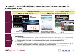 L’expression publicitaire vidéo est au cœur de nombreuses stratégies de
branding sur le web
                                         Spot offline « digitalisé »                                                          Brand Content
                   Diffusion pré-, middle-, post-roll                                     Diffusion virale (réseaux sociaux, blogs…)

                                               Pre-roll
                                               sur chaîne vidéo




Approches




                                                                                                               Web TV


                      Pre-roll
             sur catch-up TV                                              Diffusion plein écran déclenchée par
                                                                          l’internaute sur plateforme communautaire         Web série



            Impacts business :
               Accroissement de la valorisation du media : les CPM des inventaires vidéo premiums sont 4-5 fois supérieurs à ceux du Display standard
               Attraction de nouveaux annonceurs sur Internet, notamment les grands annonceurs TV traditionnels (Grande Consommation)
 Impacts       Arrivée de nouveaux acteurs dédiés à la commercialisation de la vidéo (3 régies vidéo créées depuis janvier 2010)
            Impacts métier :
               Complexification de la commercialisation de la vidéo : les éditeurs TV commercialisent leur catch-up soit via la régie web soit via régie TV
               Mise en place de nouveaux critères de performance : durée d’exposition / nombre d’interactions
               Adaptation des metrics TV afin de mesurer couverture et répétition complémentaire générées par une campagne de catch-up




                                                                                                                                                              5
 