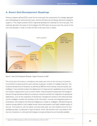 Smart Grid Development Roadmap




4. Smart Grid Development Roadmap

Previous chapters defined SCE’s vision for the smart grid, the components of a strategic approach
and methodology for achieving that vision, and the architectural and design elements needed to
support it. This chapter presents SCE’s high-level development roadmap for the smart grid. This
roadmap identifies the types of technologies that SCE plans to pursue over the course of the
next two decades in order to make the SCE smart grid vision a reality.




                                                                                              STAGE 4:
                                                         INTELLIGENT
                                                                                              Intuitive	
                                                                                              Transactive	Grid
                                                                                              (2020	-	2030)

                                                                          STAGE 3:
                   INTERCONNECTED                                         Interactive
                                                                          (2013	-	2019)
RICHNESS




                                             STAGE 2:

           INSTRUMENTED                      Inform	
                                             Automate
                                             (2009	-	2012)


               STAGE 1:
               Foundation
               (1995	-	2008)

                                                           REACH



Figure 9 - Smart Grid Development Roadmap - Stages of Evolution to 2030 7


The smart grid will evolve in complexity and scale over time as the richness of systems
functionality increases and the reach extends to greater numbers of intelligent devices. The
fundamental elements of evolution as defined by IBM are Instrumented, Interconnected, and
Intelligent. Instrumented involves the deployment of measurement capabilities across the grid
from phasor measurement units to smart meters. Interconnected involves both the linkage of
devices through pervasive telecommunications networks and also the integration of operational
applications, such as the integration of distribution management systems with advanced load
control. Intelligent involves the synthesis of the information, controls and integrated systems in
combination with analytics and artificial intelligence to create an intelligent, self-optimizing and
resilient energy platform that enables broad market participation and highly reliable quality of
service. This evolution will not follow a strictly linear path, but will instead consist of four
overlapping steps, as depicted in Figure 9 above, which will transition from one phase to the
next as innovations in smart grid technologies emerge and become commercially available.



7	 	Adapted	from	IBM	presentation	at	CPUC	Smart	Grid	Workshop	on	March	8,	200	
                                                                                                                           3
 