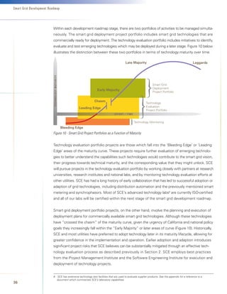 Smart Grid Development Roadmap




                          Within each development roadmap stage, there are two portfolios of activities to be managed simulta-
                          neously. The smart grid deployment project portfolio includes smart grid technologies that are
                          commercially ready for deployment. The technology evaluation portfolio includes initiatives to identify,
                          evaluate and test emerging technologies which may be deployed during a later stage. Figure 10 below
                          illustrates the distinction between these two portfolios in terms of technology maturity over time.

                                                                                              Late	Majority                                          Laggards
                          TE C HnO lO Gy	 MAT uR I Ty




                                                                                                                     Smart Grid
                                                                                                                     Deployment
                                                                            Early	Majority
                                                                                                                     Project Portfolio


                                                                          Chasm
                                                                                                                Technology
                                                                  Leading	Edge                                  Evaluation
                                                                                                                Project Portfolio
                                                                                      EFFORT	 /	T IME


                                                                                                        Technology Monitoring
                                                        Bleeding	Edge
                          Figure 10 - Smart Grid Project Portfolios as a Function of Maturity


                          Technology evaluation portfolio projects are those which fall into the ‘Bleeding Edge’ or ‘Leading
                          Edge’ areas of the maturity curve. These projects require further evaluation of emerging technolo-
                          gies to better understand the capabilities such technologies would contribute to the smart grid vision,
                          their progress towards technical maturity, and the corresponding value that they might unlock. SCE
                          will pursue projects in the technology evaluation portfolio by working closely with partners at research
                          universities, research institutes and national labs, and by monitoring technology evaluation efforts at
                          other utilities. SCE has had a long history of early collaboration that has led to successful adoption or
                          adaption of grid technologies, including distribution automation and the previously mentioned smart
                          metering and synchrophasors. Most of SCE’s advanced technology labs8 are currently ISO-certified
                          and all of our labs will be certified within the next stage of the smart grid development roadmap.


                          Smart grid deployment portfolio projects, on the other hand, involve the planning and execution of
                          deployment plans for commercially available smart grid technologies. Although these technologies
                          have “crossed the chasm” of the maturity curve, given the urgency of California and national policy
                          goals they increasingly fall within the “Early Majority” or later areas of curve (Figure 10). Historically,
                          SCE and most utilities have preferred to adopt technology later in its maturity lifecycle, allowing for
                          greater confidence in the implementation and operation. Earlier adoption and adaption introduces
                          significant project risks that SCE believes can be substantially mitigated through an effective tech-
                          nology evaluation process as described previously in Section 2. SCE employs best practices
                          from the Project Management Institute and the Software Engineering Institute for execution and
                          deployment of technology projects.


                          8	 	SCE	has	extensive	technology	test	facilities	that	are	used	to	evaluate	supplier	products.	See	the	appendix	for	a	reference	to	a		
                             document	which	summarizes	SCE’s	laboratory	capabilities.
36
 