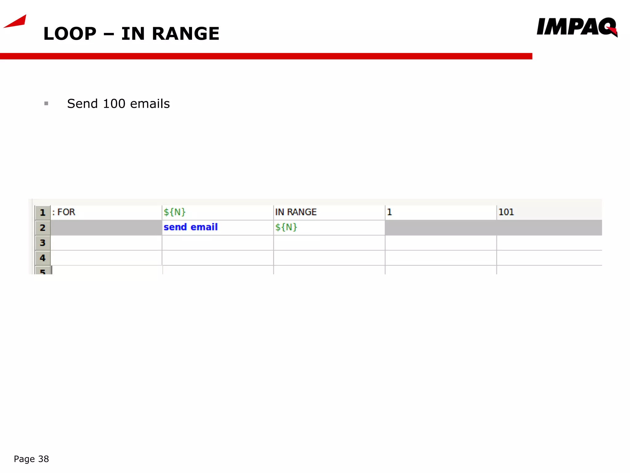 LOOP – IN RANGE
 Send 100 emails
Page 38
 