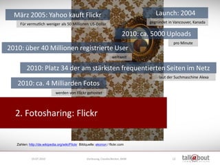 März 2005: Yahoo kauft Flickr                                                          Launch: 2004
     Für vermutlich weniger als 50 Millionen US-Dollar                                gegründet in Vancouver, Kanada

                                                                              2010: ca. 5000 Uploads
                                                                                                  pro Minute
2010: über 40 Millionen registrierte User
                                                                      weltweit

         2010: Platz 34 der am stärksten frequentierten Seiten im Netz
                                                                                           laut der Suchmaschine Alexa
   2010: ca. 4 Milliarden Fotos
                              werden von Flickr gehostet




  2. Fotosharing: Flickr


   Zahlen: http://de.wikipedia.org/wiki/Flickr Bildquelle: ekonon / flickr.com



             19.07.2010                             Vorlesung, Claudia Becker, BAW                13
 