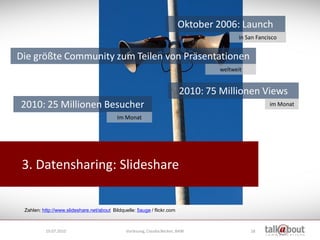 Oktober 2006: Launch
                                                                                           in San Fancisco


Die größte Community zum Teilen von Präsentationen
                                                                                    weltweit


                                                                           2010: 75 Millionen Views
2010: 25 Millionen Besucher                                                                            im Monat

                                           Im Monat




 3. Datensharing: Slideshare


 Zahlen: http://www.slideshare.net/about Bildquelle: 5auge / flickr.com



          19.07.2010                            Vorlesung, Claudia Becker, BAW                 18
 