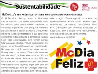 Sustentabilidade
McDonald’s tem ações sustentáveis mais conhecidas por brasileiros
O McDonald’s, Hering, Avon e Bradesco             com a ação “Trânsito+gentil”, com 64% de
são as marcas com ações sustentáveis mais         reconhecimento. Ainda como terceiro lugar
conhecidas pelos consumidores brasileiros. A      estão o Itaú, por meio do “Itaú Cultural”, com
conclusão é parte de uma pesquisa realizada       64%, O Boticário, com “Proteção à Natureza”, e
pela GfK Brasil, a pedido da revista Consumidor   Coca-Cola, com a causa “Viva Positivamente”,
Moderno. A rede de fast food é a que apresenta    com índice de 62% de conhecimento.
os maiores índices devido à campanha “McDia       (Mundo do Marketing – 05/07/2012)

Feliz”. Dos entrevistados, 97% tinham ouvido
falar na causa. Destes, 71% já participaram em
algum momento e 40% continuam participando.
Na segunda posição aparecem duas marcas:
Hering, com a campanha “Câncer de mama no
alvo da moda”, e Avon, com a causa “Contra
o câncer de mama”, lembradas por 75% dos
consumidores. A pesquisa também considerou
o Bradesco como segundo lugar, com 70% de
conhecimento, por meio da Fundação Bradesco.
A terceira posição é ocupada pela Porto Seguro,
 