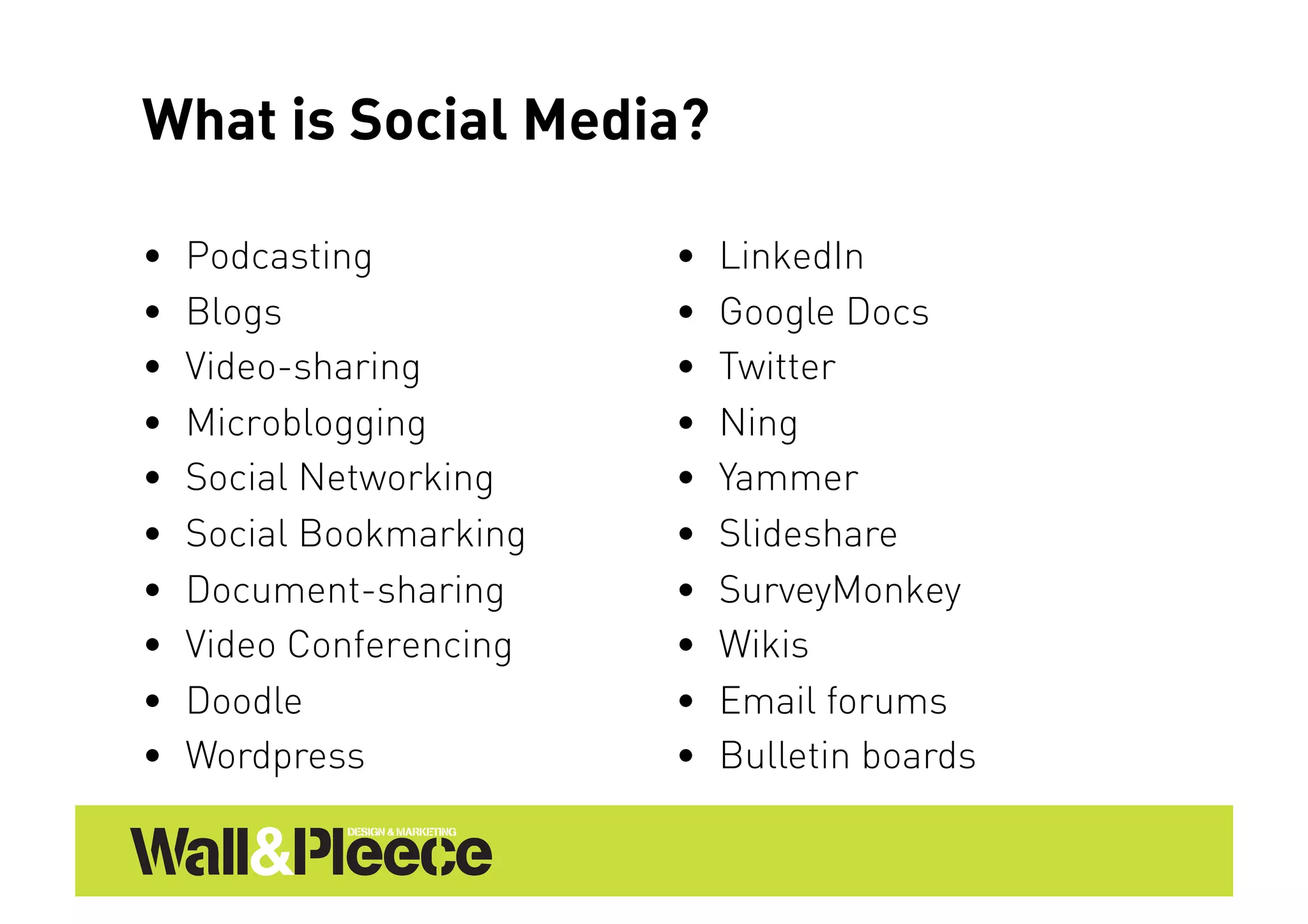 What is Social Media?

•    Podcasting           •    LinkedIn
•    Blogs                •    Google Docs
•    Video-sharing        •    Twitter
•    Microblogging        •    Ning
•    Social Networking    •    Yammer
•    Social Bookmarking   •    Slideshare
•    Document-sharing     •    SurveyMonkey
•    Video Conferencing   •    Wikis
•    Doodle               •    Email forums
•    Wordpress            •    Bulletin boards
 