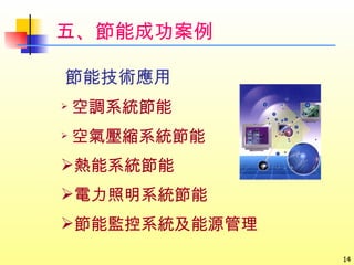 節能技術應用 空調系統節能 空氣壓縮系統節能 熱能系統節能 電力照明系統節能 節能監控系統及能源管理 五、節能成功案例 