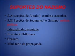 SUPORTES DO NAZISMO
• S.A( secções de Assalto): camisas castanhas.
• S.S( Secções de Segurança) e Gestapo: polícia
política
• Educação da Juventude:
• Juventude Hitleriana
• Censura.
• Ministério da propaganda
 