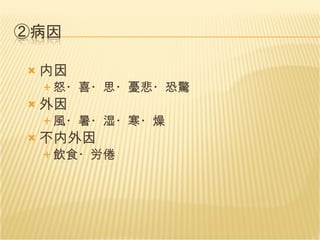 内因 怒・喜・思・憂悲・恐驚 外因 風・暑・湿・寒・燥 不内外因 飲食・労倦 