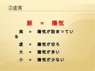 脈　＝　陽気 　実　＝　陽気が詰まっている 　虚　＝　陽気が空ろ 　大　＝　陽気が多い 　小　＝　陽気が少ない 