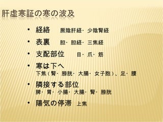 経絡 厥陰肝経・少陰腎経 表裏 胆・胆経・三焦経 支配部位 目・爪・筋 寒は下へ 下焦 ( 腎・膀胱・大腸・女子胞 ) 、足・腰 隣接する部位 脾・胃・小腸・大腸・腎・膀胱 陽気の停滞 上焦 
