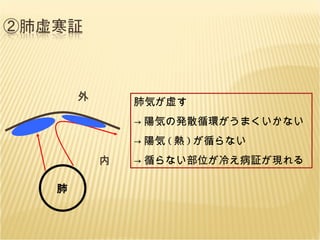 肺 外 内 肺気が虚す -> 陽気の発散循環がうまくいかない -> 陽気 ( 熱 ) が循らない -> 循らない部位が冷え病証が現れる 