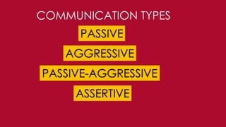 COMMUNICATION TYPES
PASSIVE
PASSIVE-AGGRESSIVE
AGGRESSIVE
ASSERTIVE
 