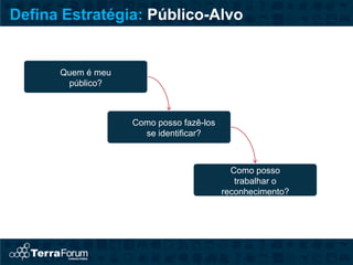Defina Estratégia: Público-Alvo


      Quem é meu
       público?



                   Como posso fazê-los
                     se identificar?



                                           Como posso
                                            trabalhar o
                                         reconhecimento?
 