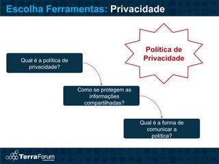 Escolha Ferramentas: Privacidade



                                                 Política de
   Qual é a política de                          Privacidade
     privacidade?



                          Como se protegem as
                              informações
                            compartilhadas?


                                                Qual é a forma de
                                                  comunicar a
                                                    política?
 