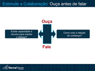 Estimule a Colaboração: Ouça antes de falar



                          Ouça

    Existe capacidade e
                                 Como criar a relação
    recurso para manter
                                   de confiança?
         o diálogo?



                          Fale
 