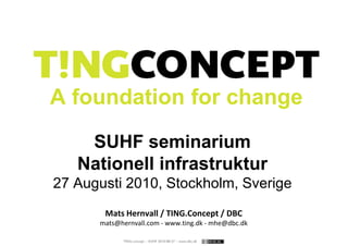 A foundation for change
    SUHF seminarium
   Nationell infrastruktur
27 Augusti 2010, Stockholm, Sverige
       Mats Hernvall / TING.Concept / DBC
      mats@hernvall.com - www.ting.dk - mhe@dbc.dk

            TING.concept – SUHF 2010-08-27 – www.dbc.dk
 