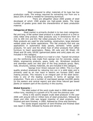 Steel compared to other materials of its type has low
production costs. The energy required for extracting iron from ore is
about 25% of what is needed for extracting aluminum.
                    There are altogether about 2000 grades of steel
developed of which 1500 grades are high-grade steels. The large
number of grades gives steel the characteristics of basic production
material.

Categories of Steel: -
            Steel market is primarily divided in to two main categories-
flat and long. A flat carbon steel product is a plate product or a (hot or
cold) rolled strip product. Plate products vary in dimensions from 10
mm to 200 mm and thin flat rolled products from 1 mm to 10 mm.
Plate products are used for ship building, construction, large diameter
welded pipes and boiler applications. Thin flat products find end use
applications in automotive body panels, domestic ‘white goods’
products, ‘tin cans’ and the whole host of other products from office
furniture to heart pacemakers. Plates, HR coils and HR Sheet, CR
Sheet and CR coils, GP/GC (galvanized plates and coils) pipes etc. are
included in this category.
             A long steel product is a road or a bar. Typical rod product
are the reinforcing rods made from sponge iron for concrete, ingots,
billets, engineering products, gears, tools, etc. Wiredrawn products
and seamless pipes are also part of the long products group. Bars,
rods, structures, railway materials, etc are included in this category.
                 Sponge Iron/ Direct reduced iron (DRI): This is a high
quality product produced by reducing iron ore in a solid state and is
primarily used as an iron input in electric arc furnace (EAF) steel
making process. This industry is an integral part of the steel sector.
India is one of the leading countries in terms of sponge iron
production. There are a number of coal-based sponge iron/DRI plants
(in the eastern and central region) and also three natural gas based
plants (in western part of the country) in the country.

Global Scenario: -
          The total output of the word crude steel in 2006 stood at 945
million tons, resulting in a growth of 6.7% over the previous year.
           China is the word’s largest crude steel producer in the year
2006 with around 220.12 million tons of steel production, followed by
Japan and USA. USA was largest importer of steel products, both
finished and semi finished, in 2005, followed by China and Germany.
         The words largest exporter of semi-finished and finished steel
was Japan in 2005, followed by Russia and Ukraine.



                                                                        30
 