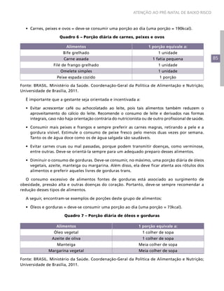 ATENÇÃO AO PRÉ-NATAL DE BAIXO RISCO



  •	 Carnes, peixes e ovos = deve-se consumir uma porção ao dia (uma porção = 190kcal).

                     Quadro 6 – Porção diária de carnes, peixes e ovos

                        Alimentos                                     1 porção equivale a:
                       Bife grelhado                                        1 unidade
                       Carne assada                                      1 fatia pequena                 85
                 Filé de frango grelhado                                    1 unidade
                     Omelete simples                                        1 unidade
                   Peixe espada cozido                                       1 porção

Fonte: BRASIL. Ministério da Saúde. Coordenação-Geral da Política de Alimentação e Nutrição;
Universidade de Brasília, 2011.

  É importante que a gestante seja orientada e incentivada a:

  •	 Evitar acrescentar café ou achocolatado ao leite, pois tais alimentos também reduzem o
     aproveitamento do cálcio do leite. Recomende o consumo de leite e derivados nas formas
     integrais, caso não haja orientação contrária do nutricionista ou de outro profissional de saúde.

  •	 Consumir mais peixes e frangos e sempre preferir as carnes magras, retirando a pele e a
     gordura visível. Estimule o consumo de peixe fresco pelo menos duas vezes por semana.
     Tanto os de água doce como os de água salgada são saudáveis.

  •	 Evitar carnes cruas ou mal passadas, porque podem transmitir doenças, como verminose,
     entre outras. Deve-se orientá-la sempre para um adequado preparo desses alimentos.

  •	 Diminuir o consumo de gorduras. Deve-se consumir, no máximo, uma porção diária de óleos
     vegetais, azeite, manteiga ou margarina. Além disso, ela deve ficar atenta aos rótulos dos
     alimentos e preferir aqueles livres de gorduras trans.

   O consumo excessivo de alimentos fontes de gorduras está associado ao surgimento de
obesidade, pressão alta e outras doenças do coração. Portanto, deve-se sempre recomendar a
redução desses tipos de alimentos.

  A seguir, encontram-se exemplos de porções deste grupo de alimentos:

  •	 Óleos e gorduras = deve-se consumir uma porção ao dia (uma porção = 73kcal).

                       Quadro 7 – Porção diária de óleos e gorduras

                   Alimentos                                     1 porção equivale a:
                 Óleo vegetal                                      1 colher de sopa
                Azeite de oliva                                    1 colher de sopa
                   Manteiga                                      Meia colher de sopa
              Margarina vegetal                                  Meia colher de sopa

Fonte: BRASIL. Ministério da Saúde. Coordenação-Geral da Política de Alimentação e Nutrição;
Universidade de Brasília, 2011.
 