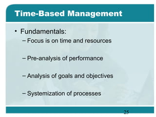 25
Time-Based Management
• Fundamentals:
– Focus is on time and resources
– Pre-analysis of performance
– Analysis of goals and objectives
– Systemization of processes
 