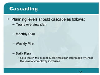 59
Cascading
• Planning levels should cascade as follows:
– Yearly overview plan
– Monthly Plan
– Weekly Plan
– Daily Plan
• Note that in the cascade, the time span decreases whereas
the level of complexity increases
 