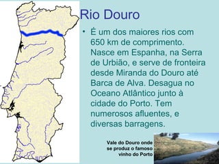 • É um dos maiores rios com
650 km de comprimento.
Nasce em Espanha, na Serra
de Urbião, e serve de fronteira
desde Miranda do Douro até
Barca de Alva. Desagua no
Oceano Atlântico junto à
cidade do Porto. Tem
numerosos afluentes, e
diversas barragens.
Rio Douro
Vale do Douro onde
se produz o famoso
vinho do Porto
 