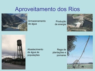 Aproveitamento dos Rios
Produção
de energia
Armazenamento
de água
Rega de
plantações e
pomares
Abastecimento
de água às
populações
 