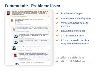 Communote - Probleme lösen
                             Probleme aufzeigen
                             moderieren und delegieren
                             Verbesserungsvorschläge
                             machen
                             Lösungen bereitstellen
                             Status kommunizieren
                             Informationen finden ihren
                             Weg: schnell und einfach!




                       … stellen sie sich diese
                       Situation mit E-Mail vor …
 