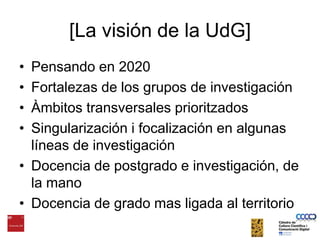[La visión de la UdG]Pensando en 2020Fortalezas de los grupos de investigaciónÀmbitostransversalesprioritzadosSingularización i focalización en algunas líneas de investigaciónDocencia de postgrado e investigación, de la manoDocencia de grado mas ligada al territorio