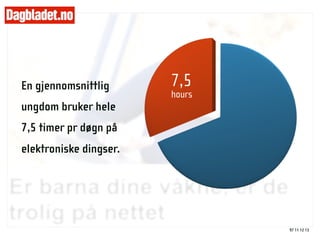 En gjennomsnittlig      7,5
                        hours
ungdom bruker hele
7,5 timer pr døgn på
elektroniske dingser.




                                97 11 12 13
 