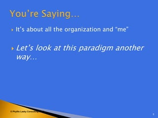    It‘s about all the organization and ―me‖


   Let‘s look at this paradigm another
    way…




© Phyllis Lasky Consulting 2010
                                               9
 