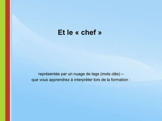 Et le « chef »  représentée par un nuage de tags (mots clés) – que vous apprendrez à interpréter lors de la formation : 