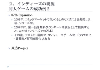 ２．インディーズの現況
同人ゲ ムの成功例２同人ゲームの成功例２
07th Expansion07th Expansion
2002年、コミックマーケットで『ひぐらしのなく頃に』 を発売。以
後 シリーズ化後、シリ ズ化。
2004年に、第一話を無料ダウンロード体験版として提供する
と 大ヒット（シリーズで50万本）と、大ヒット（シリ ズで50万本）
その後、アニメ化・漫画化・コンシューマゲーム化・ドラマCD化
・書籍化・実写映画化 される・書籍化・実写映画化 される
東方東方Project
 