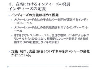 ３．音楽におけるインディーズの発展
インディ ズの定義インディーズの定義
インディーズの定義は極めて困難インディ ズの定義は極めて困難
メジャーレコード会社の子会社や一部門が運営するインディ
ーズ・レーベルズ レ ベル
メジャーレコード会社の委託販売を利用するインディーズ・レ
ーベルベル
さまざまなレベルのレーベル、急速な増加：バンドによる手作
りレベルから（5000以上） 継続的にレコード発売ができる組りレベルから（5000以上）、継続的にレコ ド発売ができる組
織まで（1000社程度、ダイキ取引社）
定義：制作、流通（広告）のいずれかを非メジャーの会社
が行 ているが行っている。
（ｃ）Eichiro KABASHIMA15
 
