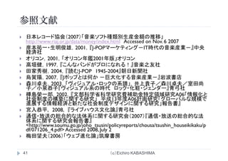 参照文献参照文献
日本レコ ド協会（2007）「音楽ソフト種類別生産金額の推移」日本レコード協会（2007）「音楽ソフト種類別生産金額の推移」
http://www.riaj.or.jp/data/money/index.html Accessed on Nov. 6 2007
岸本祐一・生明俊雄，2001，『J-POPマーケティング－IT時代の音楽産業－』中央
経済社経済社
オリコン，2001，「オリコン年鑑2001年版」オリコン
高垣健，1997，『こんなバンドがプロになれる！』音楽之友社
田家秀樹 2004 『読むJ-POP 1945-2004』朝日新聞社田家秀樹，2004，『読むJ-POP 1945-2004』朝日新聞社
烏賀陽，2007，『Jポップとは何か －巨大化する音楽産業－』岩波書店
森川卓夫，2003，「ヴィジュアル・ロックの系譜」，井上貴子／森川卓夫／室田尚
子／小泉恭子『ヴィジュアル系の時代 ロック・化粧・ジェンダー』青弓社子／小泉恭子『ヴィジュアル系の時代 ロック 化粧 ジェンダ 』青弓社
樺島榮一郎，2002，『文部科学省科学研究費補助金特定領域研究A06「情報化と
社会制度の構築に関する研究」 平成13年度A06計画研究「グローバルな規模で
進展する情報経済と新たな社会制度デザインに関する研究」報告書』
『 ブ 論』青宮入恭平, 2008, 『ライブハウス文化論』青弓社
通信・放送の総合的な法体系に関する研究会（2007）『通信・放送の総合的な法
体系に関する研究会報告書』
<http://www soumu go jp/joho tsusin/policyreports/chousa/tsushin houseikikaku/p<http://www.soumu.go.jp/joho_tsusin/policyreports/chousa/tsushin_houseikikaku/p
df/071206_4.pdf> Accessed 2008, July 2
梅田望夫（2006）「ウェブ進化論」筑摩書房
（ｃ）Eichiro KABASHIMA41
 