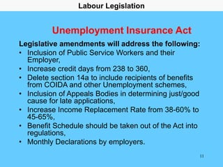 11
Unemployment Insurance Act
Legislative amendments will address the following:
• Inclusion of Public Service Workers and...