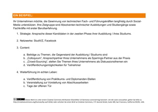 EIN BEISPIEL:

Ihr Unternehmen möchte, die Gewinnung von technischen Fach- und Führungskräften langfristig durch Social-
Media unterstützen. Ihre Zielgruppe sind Absolventen technischer Ausbildungen und Studiengänge sowie
Fachkräfte mit erster Berufserfahrung.

    1. Strategie: Ansprache dieser Kandidaten in der zweiten Phase ihrer Ausbildung / ihres Studiums.

    2. Netzwerke: StudiVZ, Facebook

    3. Content:

            a.   Beiträge zu Themen, die Gegenstand der Ausbildung / Studiums sind
            b.   „Colloquium“, Ansprechpartner Ihres Unternehmens als Sparrings-Partner aus der Praxis
            c.   „Crowd-Sourcing“, stellen Sie Themen Ihres Unternehmens als Diskussionsthemen ein
            d.   Veröffentlichungsmöglichkeiten für Teilnehmer

    4. Weiterführung im echten Leben:

            a. Veröffentlichung von Praktikums- und Diplomanden-Stellen
            b. Veranstaltung zur Vorstellung von Abschlussarbeiten
            c. Tage der offenen Tür




                Dieses Werk ist unter einem Creative Commons Attribution-ShareAlike 3.0 Germany Lizenzvertrag lizenziert. Um die Lizenz anzusehen, gehen Sie bitte zu
http://creativecommons.org/licenses/by-sa/3.0/de/ oder schicken Sie einen Brief an Creative Commons, 171 Second Street, Suite 300, San Francisco, California 94105, USA.
 