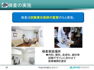 平成24年度B人セミナー
検査実施場所
内科、眼科、皮膚科、歯科等
試験デザインに合わせて
医療機関を選定
検査は試験責任医師の監督のもと実施。
26
検査の実施
 