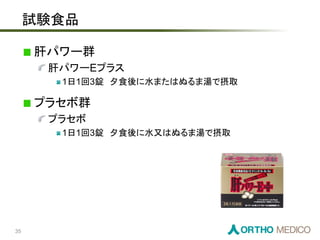 試験食品
肝パワー群
肝パワーEプラス
1日1回3錠 夕食後に水またはぬるま湯で摂取
プラセボ群
プラセボ
1日1回3錠 夕食後に水又はぬるま湯で摂取
35
 