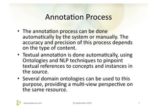 AnnotaAon	
  Process	
  
•  The	
  annotaAon	
  process	
  can	
  be	
  done	
  
   automaAcally	
  by	
  the	
  system	
  or	
  manually.	
  The	
  
   accuracy	
  and	
  precision	
  of	
  this	
  process	
  depends	
  
   on	
  the	
  type	
  of	
  content.	
  
•  Textual	
  annotaAon	
  is	
  done	
  automaAcally,	
  using	
  
   Ontologies	
  and	
  NLP	
  techniques	
  to	
  pinpoint	
  
   textual	
  references	
  to	
  concepts	
  and	
  instances	
  in	
  
   the	
  source.	
  
•  Several	
  domain	
  ontologies	
  can	
  be	
  used	
  to	
  this	
  
   purpose,	
  providing	
  a	
  mulA-­‐view	
  perspecAve	
  on	
  
   the	
  same	
  resource.	
  

   www.playence.com	
              20	
  sepAembre	
  2010	
                7	
  
 