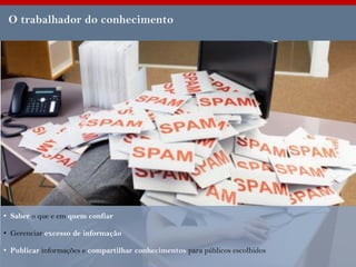 O trabalhador do conhecimento




• Saber o que e em quem confiar

• Gerenciar excesso de informação

• Publicar informações e compartilhar conhecimentos para públicos escolhidos
 