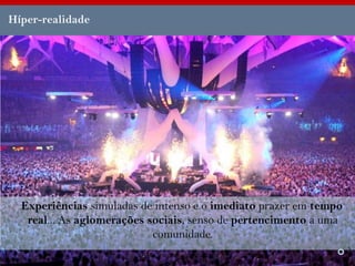 Híper-realidade




  Experiências simuladas de intenso e o imediato prazer em tempo
   real... As aglomerações sociais, senso de pertencimento a uma
                            comunidade.
                                                                  )
 