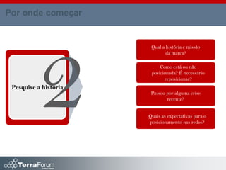 Por onde começar


                        Qual a história e missão
                               da marca?

                            Como está ou não
                        posicionada? É necessário
                              reposicionar?
 Pesquise a história
                        Passou por alguma crise
                               recente?


                       Quais as expectativas para o
                       posicionamento nas redes?
 