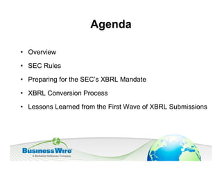 Agenda

• Overview

• SEC Rules

• Preparing for the SEC’s XBRL Mandate

• XBRL Conversion Process

• Lessons Learned from the First Wave of XBRL Submissions
 