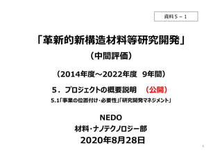 2020年8月28日
「革新的新構造材料等研究開発」
（中間評価）
NEDO
（2014年度～2022年度 9年間）
材料・ナノテクノロジー部
５．プロジェクトの概要説明 （公開）
5.1「事業の位置付け・必要性」「研究開発マネジメント」
資料５－１
0
 