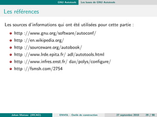 le 
prog : main.o functions .o 
gcc o prog main.o functions .o 
main.o : main.c functions .h 
gcc c main.c 
functions .o : functions .c functions .h 
gcc c functions .c 
Johan Moreau (IRCAD) ENVOL - Outils de construction 27 septembre 2010 14 / 98 
 