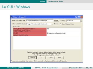 GNU Autotools 
Sommaire 
GNU Autotools 
Les bases de GNU Autotools 
GNU Autotools dans le detail 
La gestion des bilbiotheques 
Conclusion 
Johan Moreau (IRCAD) ENVOL - Outils de construction 27 septembre 2010 28 / 98 
 
