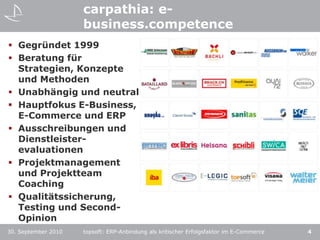 carpathia: e-business.competenceGegründet 1999Beratung für Strategien, Konzepte und MethodenUnabhängig und neutralHauptfokus E-Business, E-Commerce und ERPAusschreibungen und Dienstleister-evaluationenProjektmanagement und Projektteam CoachingQualitätssicherung, Testing und Second-Opiniontopsoft: ERP-Anbindung als kritischer Erfolgsfaktor im E-Commerce30. September 20104