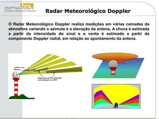 Radar Meteorológico Doppler

O Radar Meteorológico Doppler realiza medições em várias camadas da
atmosfera variando o azimute e a elevação da antena. A chuva é estimada
a partir da intensidade do sinal e o vento é estimado a partir da
componente Doppler radial, em relação ao apontamento da antena.
 