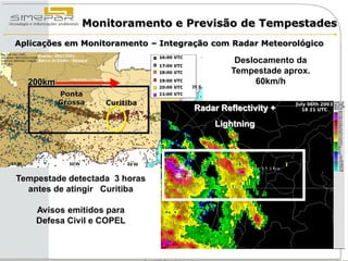 Monitoramento e Previsão de Tempestades
Aplicações em Monitoramento – Integração com Radar Meteorológico

                                               Deslocamento da
                                              Tempestade aprox.
  200km                                             60km/h


                                     Radar Reflectivity +
                                          Lightning




Tempestade detectada 3 horas
  antes de atingir Curitiba

    Avisos emitidos para
    Defesa Civil e COPEL
 