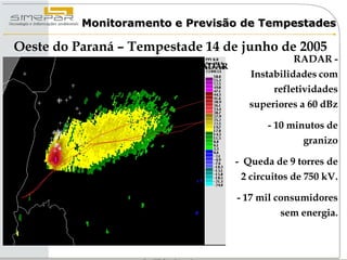 Monitoramento e Previsão de Tempestades

Oeste do Paraná – Tempestade 14 de junho de 2005
                                                       RADAR -
               Integração RAIOS e RADAR
                                             Instabilidades com
                                                  refletividades
                                             superiores a 60 dBz

                                                 - 10 minutos de
                                                         granizo

                                          - Queda de 9 torres de
                                           2 circuitos de 750 kV.

                                          - 17 mil consumidores
                                                    sem energia.
 