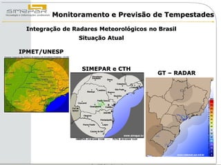 Monitoramento e Previsão de Tempestades

 Integração de Radares Meteorológicos no Brasil
                 Situação Atual

IPMET/UNESP


                  SIMEPAR e CTH
                                         GT – RADAR
 